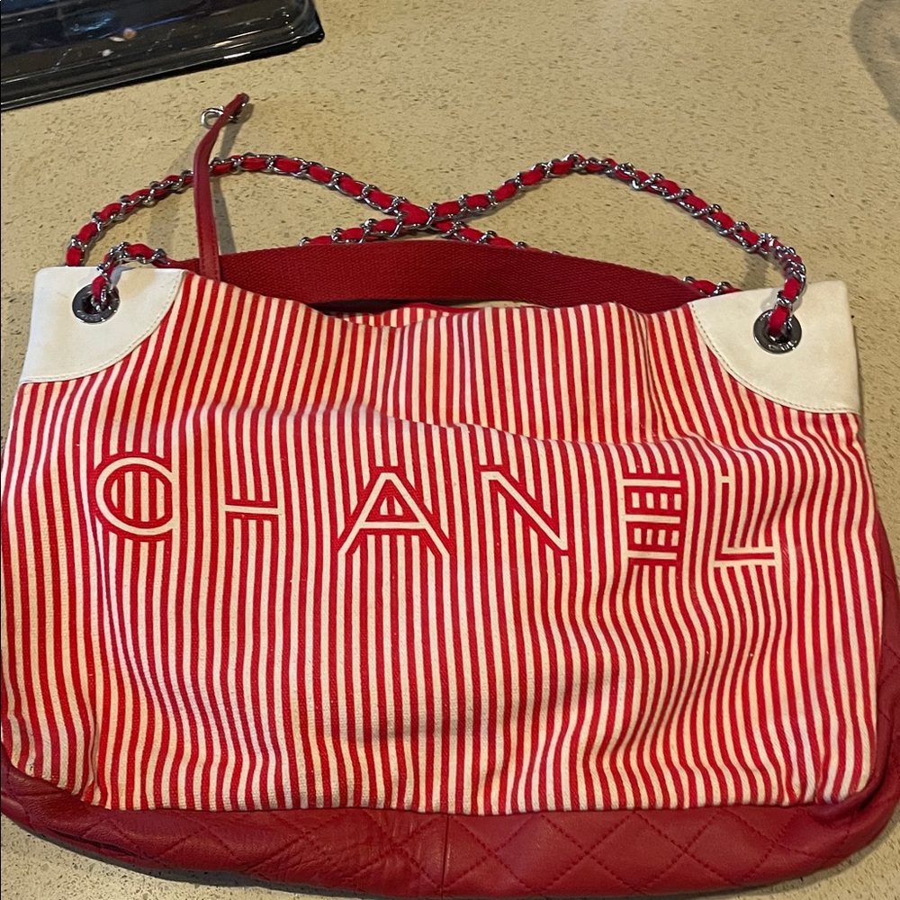 Chanel Red and White Striped Shoulder Bag